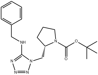1-Pyrrolidinecarboxylic acid, 2-[[5-[(phenylmethyl)amino]-1H-tetrazol-1-yl]methyl]-, 1,1-dimethylethyl ester, (2S)- 구조식 이미지