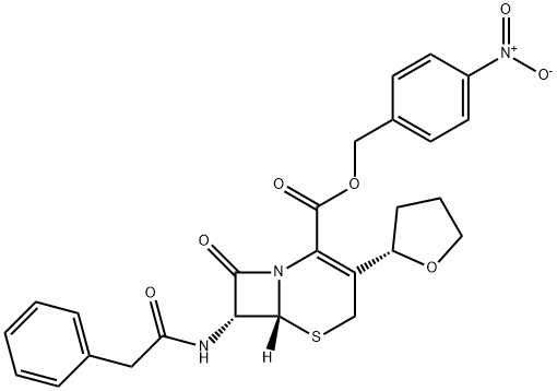 5-Thia-1-azabicyclo[4.2.0]oct-2-ene-2-carboxylic acid, 8-oxo-7-[(2-phenylacetyl)amino]-3-[(2S)-tetrahydro-2-furanyl]-, (4-nitrophenyl)methyl ester, (6R,7R)- Structure