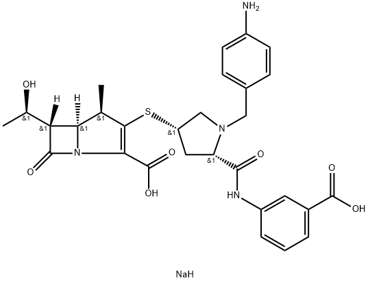 (4R,5S,6S)-3-[[(3S,5S)-1-[(4-Aminophenyl)methyl]-5-[[(3-carboxyphenyl)amino]carbonyl]-3-pyrrolidinyl]thio]-6-[(1R)-1-hydroxyethyl]-4-methyl-7-oxo-1-Azabicyclo[3.2.0]hept-2-ene-2-carboxylic Acid Sodium Salt Structure