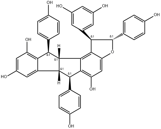 Indeno[1',2':2,3]indeno[5,4-b]furan-5,8,10-triol, 1-(3,5-dihydroxyphenyl)-1,2,6,6a,11,11a-hexahydro-2,6,11-tris(4-hydroxyphenyl)-, (1R,2R,6R,6aR,11R,11aR)-rel-(+)- 구조식 이미지