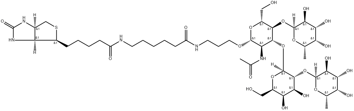 (3aS,4S,6aR)-N-[6-[[3-[[O-6-Deoxy-alpha-L-galactopyranosyl-(1-2)-O-beta-D-galactopyranosyl-(1-3)-O-[6-deoxy-alpha-L-galactopyranosyl-(1-4)]-2-(acetylamino)-2-deoxy-beta-D-glucopyranosyl]oxy]propyl]amino]-6-oxohexyl]hexahydro-2-oxo-1H-thieno[3,4-d]imidazole-4-pentanamide 구조식 이미지