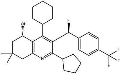 5-Quinolinol, 4-cyclohexyl-2-cyclopentyl-3-[(S)-fluoro[4-(trifluoromethyl)phenyl]methyl]-5,6,7,8-tetrahydro-7,7-dimethyl-, (5S)- 구조식 이미지