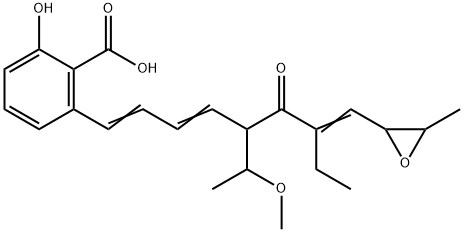 Benzoic acid, 2-hydroxy-6-[5-(1-methoxyethyl)-7-[(3-methyloxiranyl)methylene]-6-oxo-1,3-nonadienyl]- (9CI) Structure