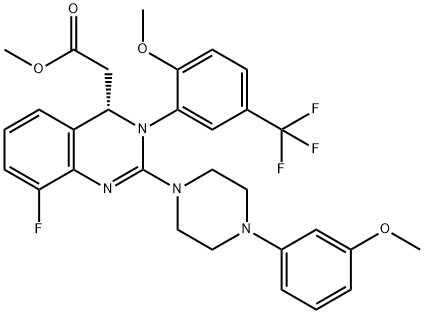 4-Quinazolineacetic acid, 8-fluoro-3,4-dihydro-2-[4-(3-methoxyphenyl)-1-piperazinyl]-3-[2-methoxy-5-(trifluoromethyl)phenyl]-, methyl ester, (4S)- Structure