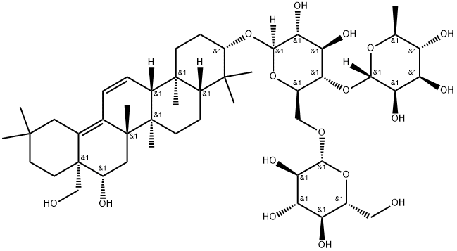 [16β,28-Dihydroxy-11,12,13,18-tetradehydrooleanan-3β-yl]4-O-(6-deoxy-α-L-mannopyranosyl)-6-O-(β-D-glucopyranosyl)-β-D-glucopyranoside 구조식 이미지