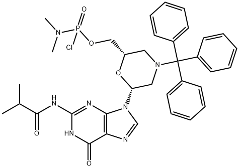 [(2S,6R)-6-{N2-Isobutyryl-guanin-9-yl}-4-tritylmorpholin-2-yl]methyl Dimethylphosphoramide Chloridate Structure