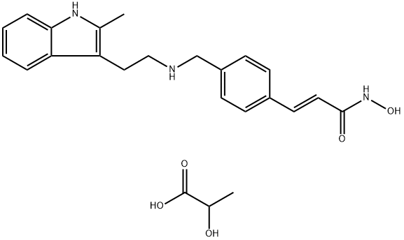 N-hydroxy-3-[4-[[[2-(2-methyl-1H-indol-3-yl)ethyl]amino]methyl]phenyl]-2E-2-propenamide DL-lactate monohydrate Structure