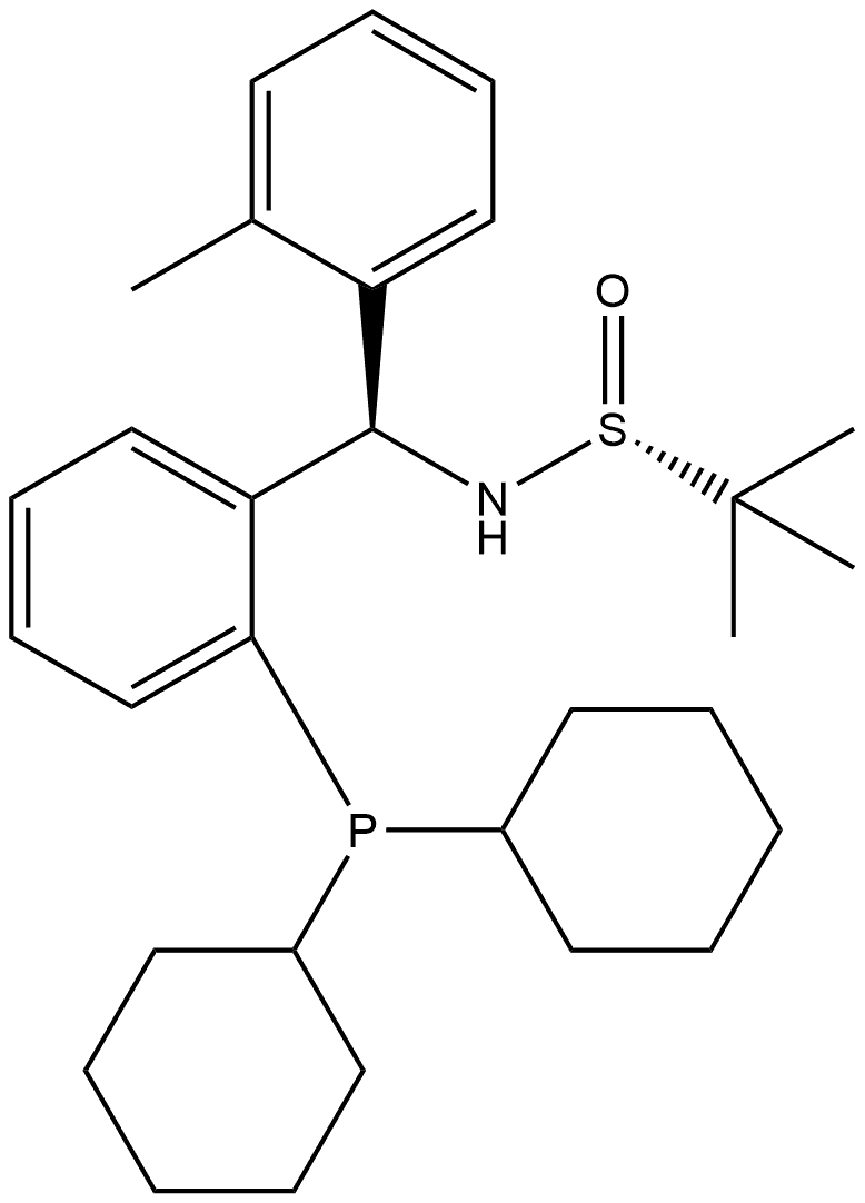 S(R)]-N-[(R)-(2-Methylphenyl)[2-(dicyclohexylphosphino)phenyl]methyl]-2-methyl-2-propanesulfinamide 구조식 이미지