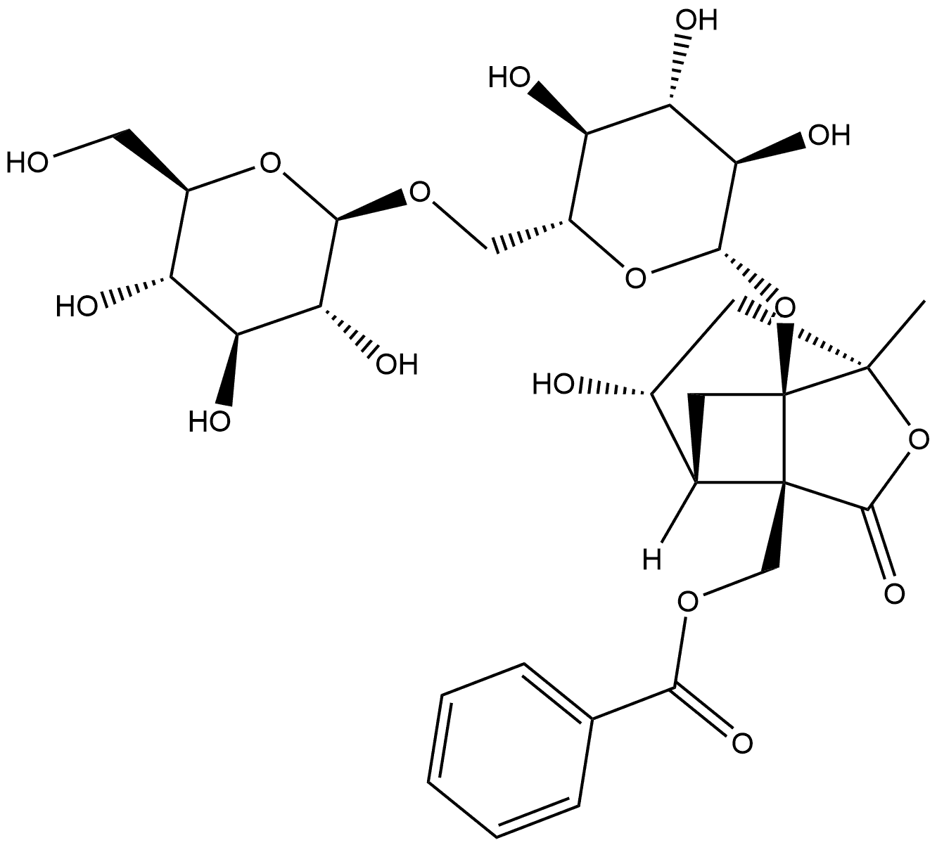 7-Oxatricyclo[4.3.0.03,9]nonan-8-one, 9-[(benzoyloxy)methyl]-1-[(6-O-β-D-glucopyranosyl-β-D-glucopyranosyl)oxy]-4-hydroxy-6-methyl-, (1R,3R,4R,6S,9S)- Structure