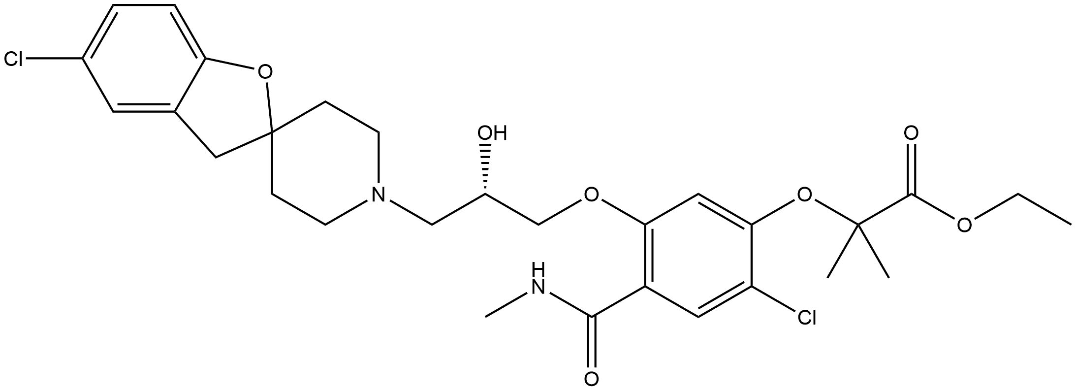 Propanoic acid, 2-[2-chloro-5-[(2S)-3-(5-chlorospiro[benzofuran-2(3H),4'-piperidin]-1'-yl)-2-hydroxypropoxy]-4-[(methylamino)carbonyl]phenoxy]-2-methyl-, ethyl ester Structure