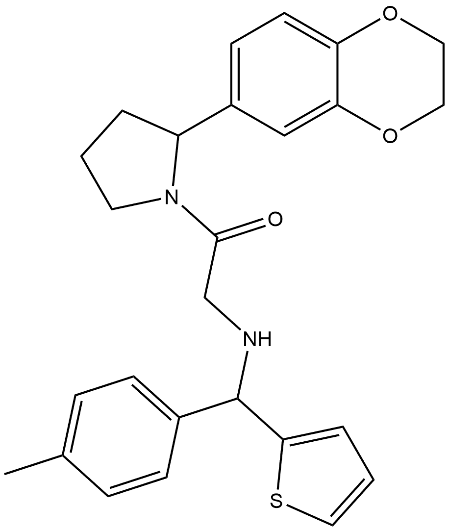 1-[2-(2,3-dihydro-1,4-benzodioxin-6-yl)pyrrolidin-1 -yl]-2-{[(4-methylphenyl)(thiophen-2-yl)methyl]ami no}ethan-1-one Structure