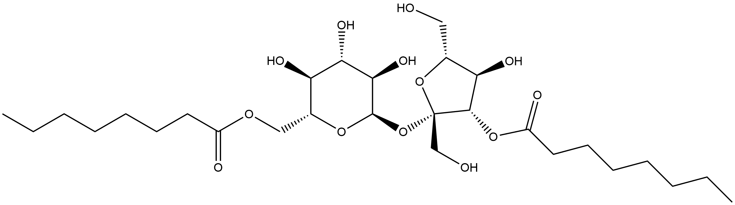 α-D-Glucopyranoside, 3-O-(1-oxooctyl)-β-D-fructofuranosyl, 6-octanoate 구조식 이미지