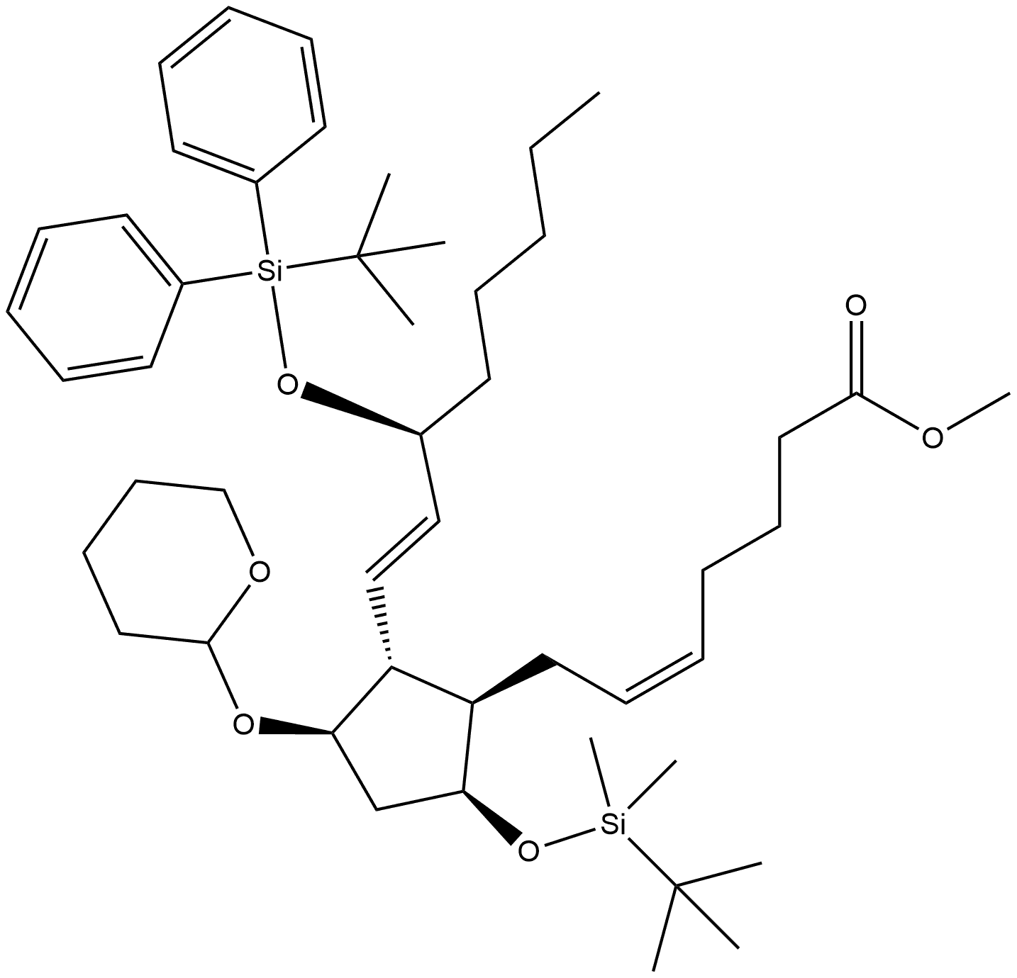 Prosta-5,13-dien-1-oic acid, 9-[[(1,1-dimethylethyl)dimethylsilyl]oxy]-15-[[(1,1-dimethylethyl)diphenylsilyl]oxy]-11-[(tetrahydro-2H-pyran-2-yl)oxy]-, methyl ester, (5Z,9α,11α,13E,15S)- (9CI) 구조식 이미지