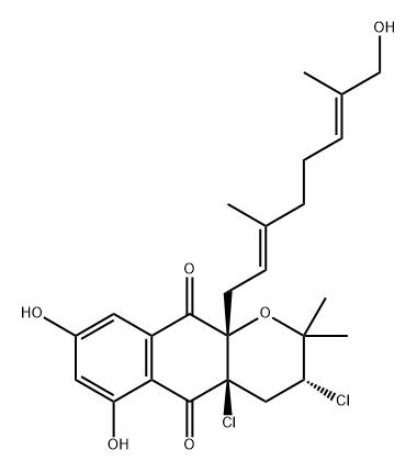 2H-Naphtho[2,3-b]pyran-5,10-dione, 3,4a-dichloro-3,4,4a,10a-tetrahydro-6,8-dihydroxy-10a-[(2E,6E)-8-hydroxy-3,7-dimethyl-2,6-octadien-1-yl]-2,2-dimethyl-, (3R,4aR,10aS)- Structure