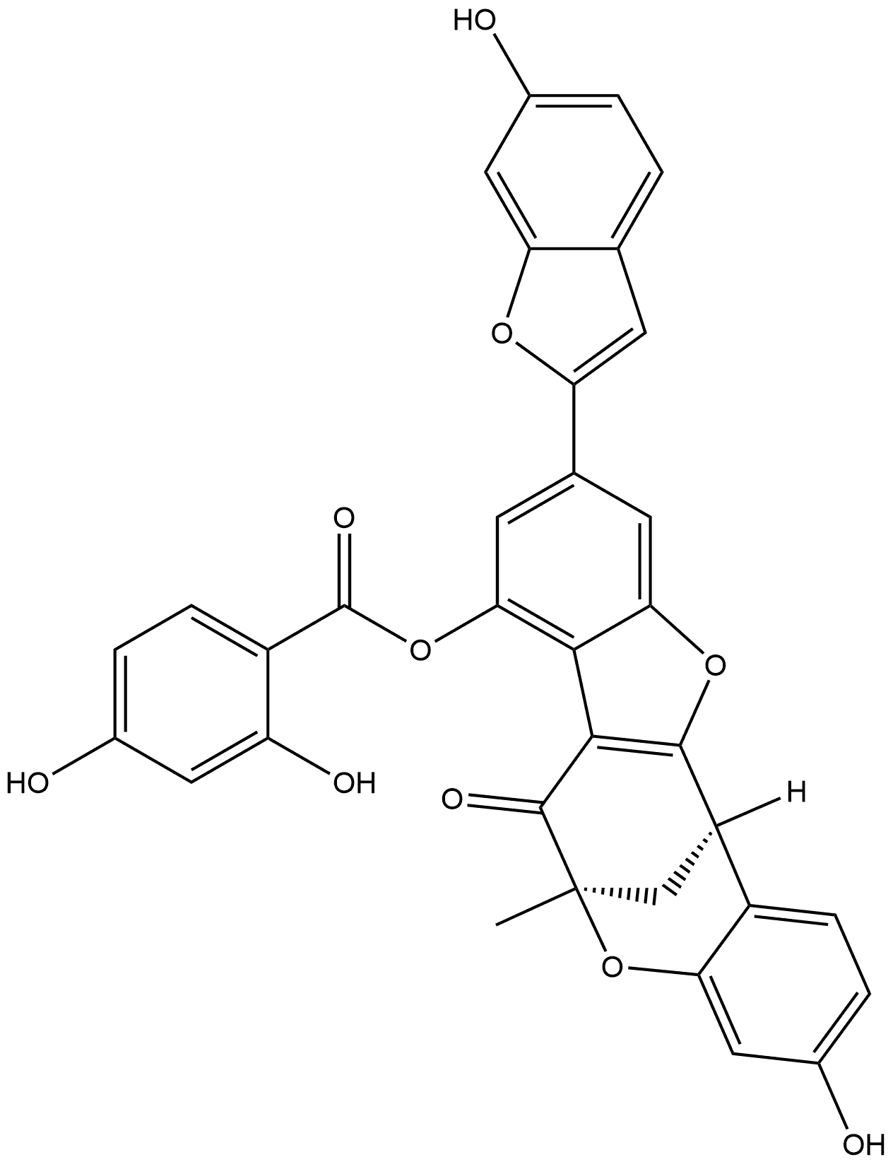 Benzoic acid, 2,4-dihydroxy-, (6R,13R)-7,13-dihydro-3-hydroxy-10-(6-hydroxy-2-benzofuranyl)-6-methyl-7-oxo-6,13-methano-6H-benzofuro[3,2-d][1]benzoxocin-8-yl ester, rel-(+)- Structure