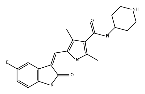 1H-Pyrrole-3-carboxamide, 5-[(Z)-(5-fluoro-1,2-dihydro-2-oxo-3H-indol-3-ylidene)methyl]-2,4-dimethyl-N-4-piperidinyl- 구조식 이미지