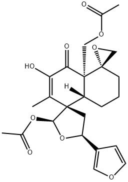 Dispiro[furan-3(2H),1'(5'H)-naphthalene-5',2''-oxiran]-4'(4'aH)-one, 2-(acetyloxy)-4'a-[(acetyloxy)methyl]-5-(3-furanyl)-4,5,6',7',8',8'a-hexahydro-3'-hydroxy-2'-methyl-, (1'S,2S,2''R,4'aS,5S,8'aR)- (9CI) 구조식 이미지