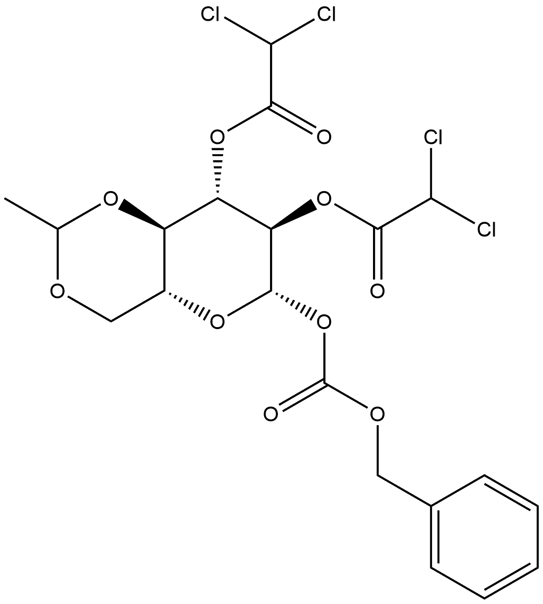 β-D-Glucopyranose, 4,6-O-(1R)-ethylidene-, 2,3-bis(2,2-dichloroacetate) 1-(phenylmethyl carbonate) Structure