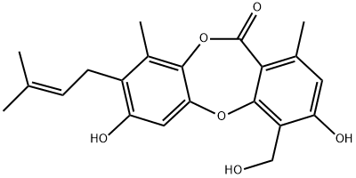 11H-Dibenzo[b,e][1,4]dioxepin-11-one, 3,7-dihydroxy-4-(hydroxymethyl)-1,9-dimethyl-8-(3-methyl-2-buten-1-yl)- Structure