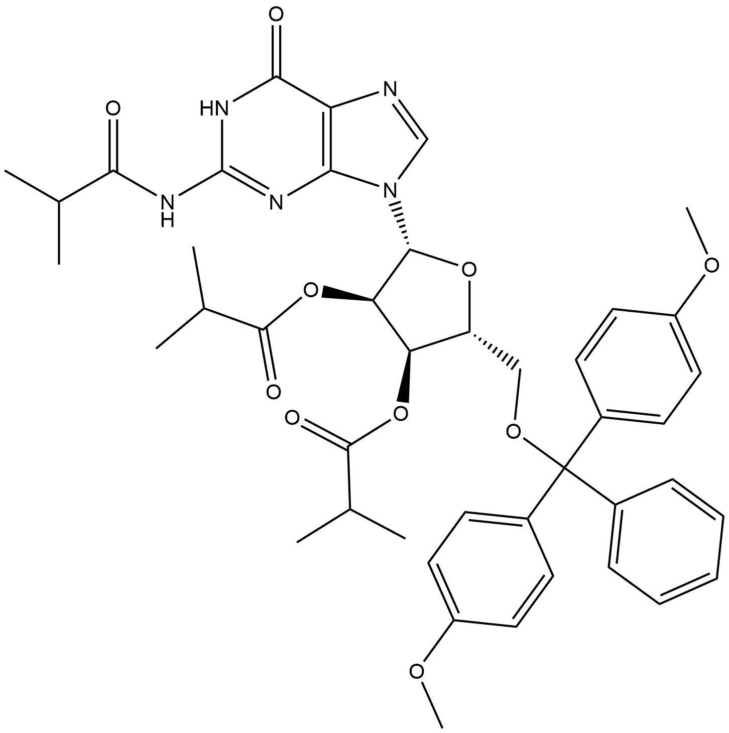 2'-O,3'-O,N2-triisobutyryl-5'-O-(4,4'-dimethoxytrityl)guanosine Structure