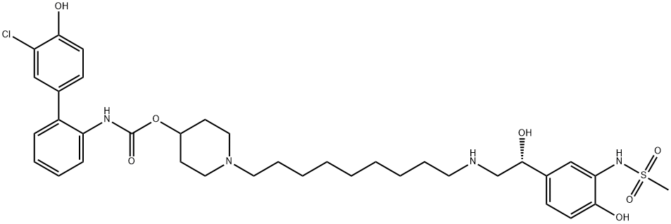 Carbamic acid, N-(3'-chloro-4'-hydroxy[1,1'-biphenyl]-2-yl)-, 1-[9-[[(2R)-2-hydroxy-2-[4-hydroxy-3-[(methylsulfonyl)amino]phenyl]ethyl]amino]nonyl]-4-piperidinyl ester 구조식 이미지