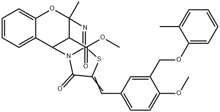 methyl 1~2~-{4-methoxy-3-[(2-methylphenoxy)methyl]benzylidene}-1~7~-methyl-1~3~-oxo-1~2~,1~3~,1~6~,1~7~-tetrahydro-3(1,2)-benza-2-oxa-1(5,7)-1~5~H-[1,3]thiazolo[3,2-a]pyrimidinacyclopropaphane-1~6~-ca
rboxylate 구조식 이미지