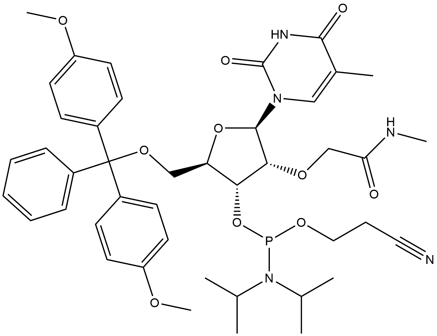 Uridine, 5′-O-[bis(4-methoxyphenyl)phenylmethyl]-5-methyl-2′-O-[2-(methylamino)-2-oxoethyl]-, 3′-[2-cyanoethyl N,N-bis(1-methylethyl)phosphoramidite] Structure