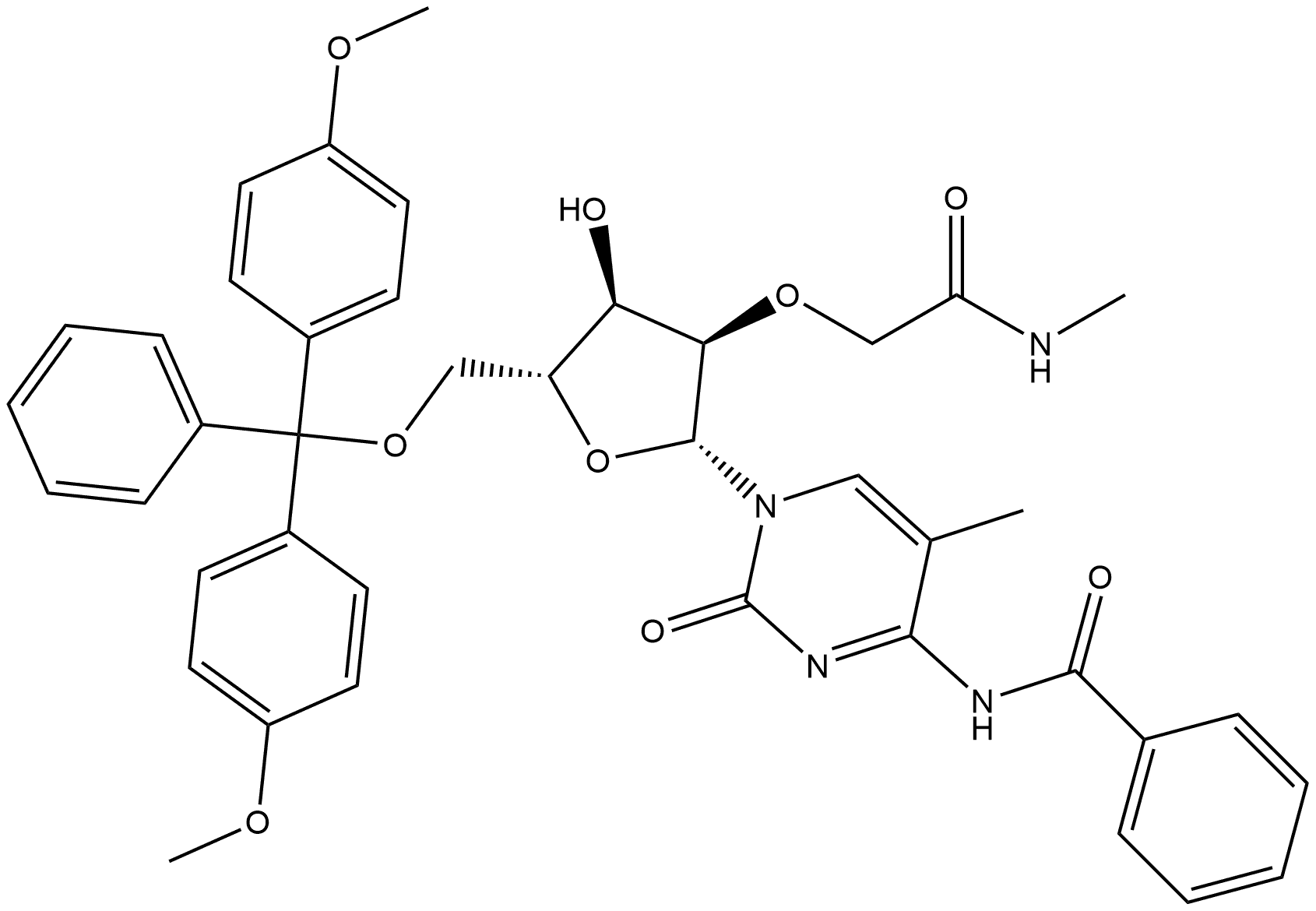 Cytidine, N-benzoyl-5'-O-[bis(4-methoxyphenyl)phenylmethyl]-5-methyl-2'-O-[2-(methylamino)-2-oxoethyl]- Structure