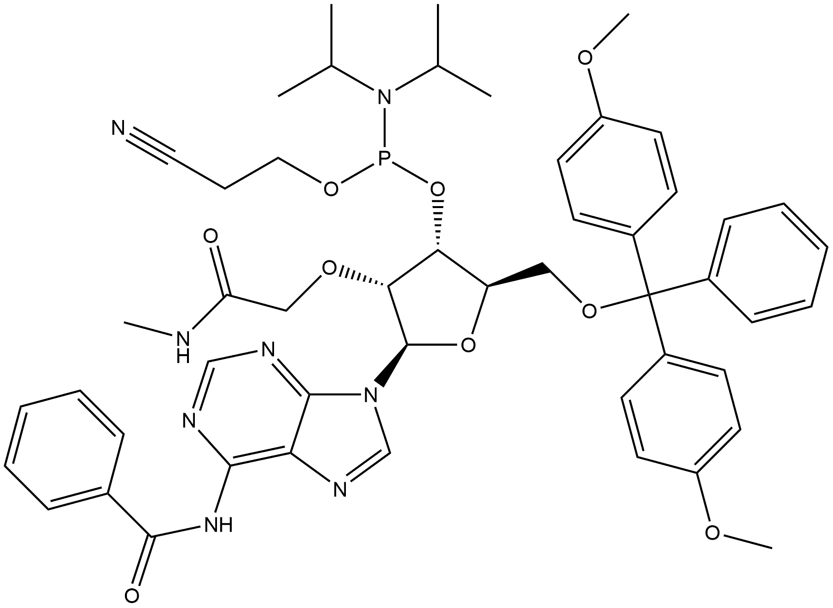 Adenosine, N-benzoyl-5'-O-[bis(4-methoxyphenyl)phenylmethyl]-2'-O-[2-(methylamino)-2-oxoethyl]-, 3'-[2-cyanoethyl N,N-bis(1-methylethyl)phosphoramidite] 구조식 이미지