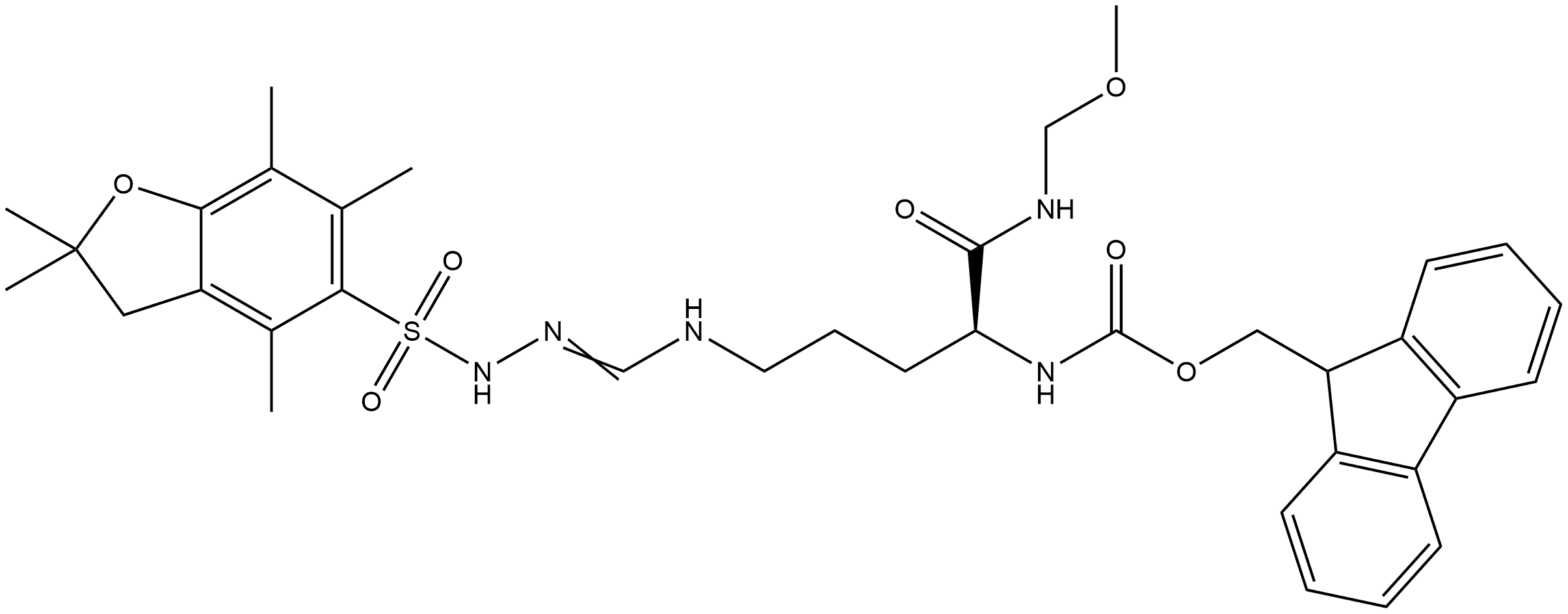 Carbamic acid, N-[(1S)-4-[[[[(2,3-dihydro-2,2,4,6,7-pentamethyl-5-benzofuranyl)sulfonyl]amino]iminomethyl]amino]-1-[(methoxymethylamino)carbonyl]butyl]-, 9H-fluoren-9-ylmethyl ester 구조식 이미지