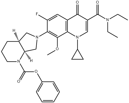 1H-Pyrrolo[3,4-b]pyridine-1-carboxylic acid, 6-[1-cyclopropyl-3-[(diethylamino)carbonyl]-6-fluoro-1,4-dihydro-8-methoxy-4-oxo-7-quinolinyl]octahydro-, phenyl ester, (4aS,7aS)- Structure