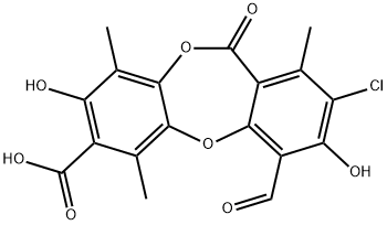 11H-Dibenzo[b,e][1,4]dioxepin-7-carboxylic acid, 2-chloro-4-formyl-3,8-dihydroxy-1,6,9-trimethyl-11-oxo- 구조식 이미지