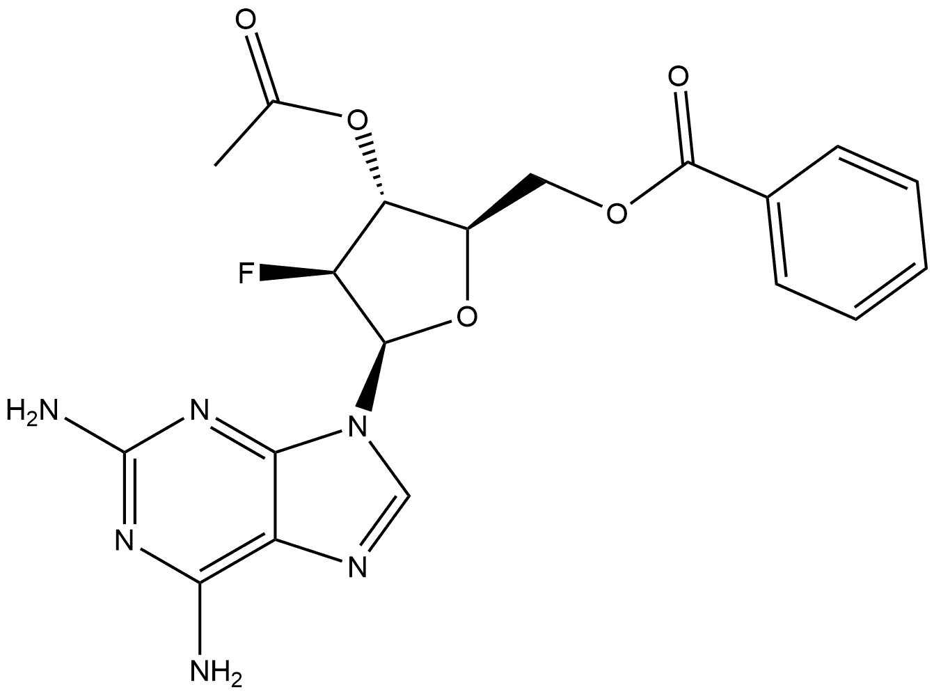 9H-Purine-2,6-diamine, 9-(3-O-acetyl-5-O-benzoyl-2-deoxy-2-fluoro-β-D-arabinofuranosyl)- Structure