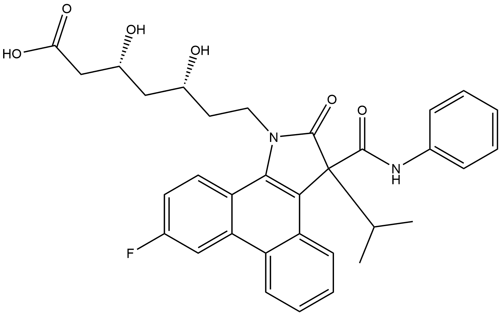 1H-Dibenz[e,g]indole-1-heptanoic acid, 9-fluoro-2,3-dihydro-β,δ-dihydroxy-3-(1-methylethyl)-2-oxo-3-[(phenylamino)carbonyl]-, (βR,δR)- Structure
