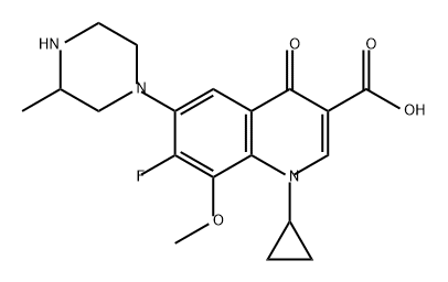 3-Quinolinecarboxylic acid, 1-cyclopropyl-7-fluoro-1,4-dihydro-8-methoxy-6-(3-methyl-1-piperazinyl)-4-oxo- Structure