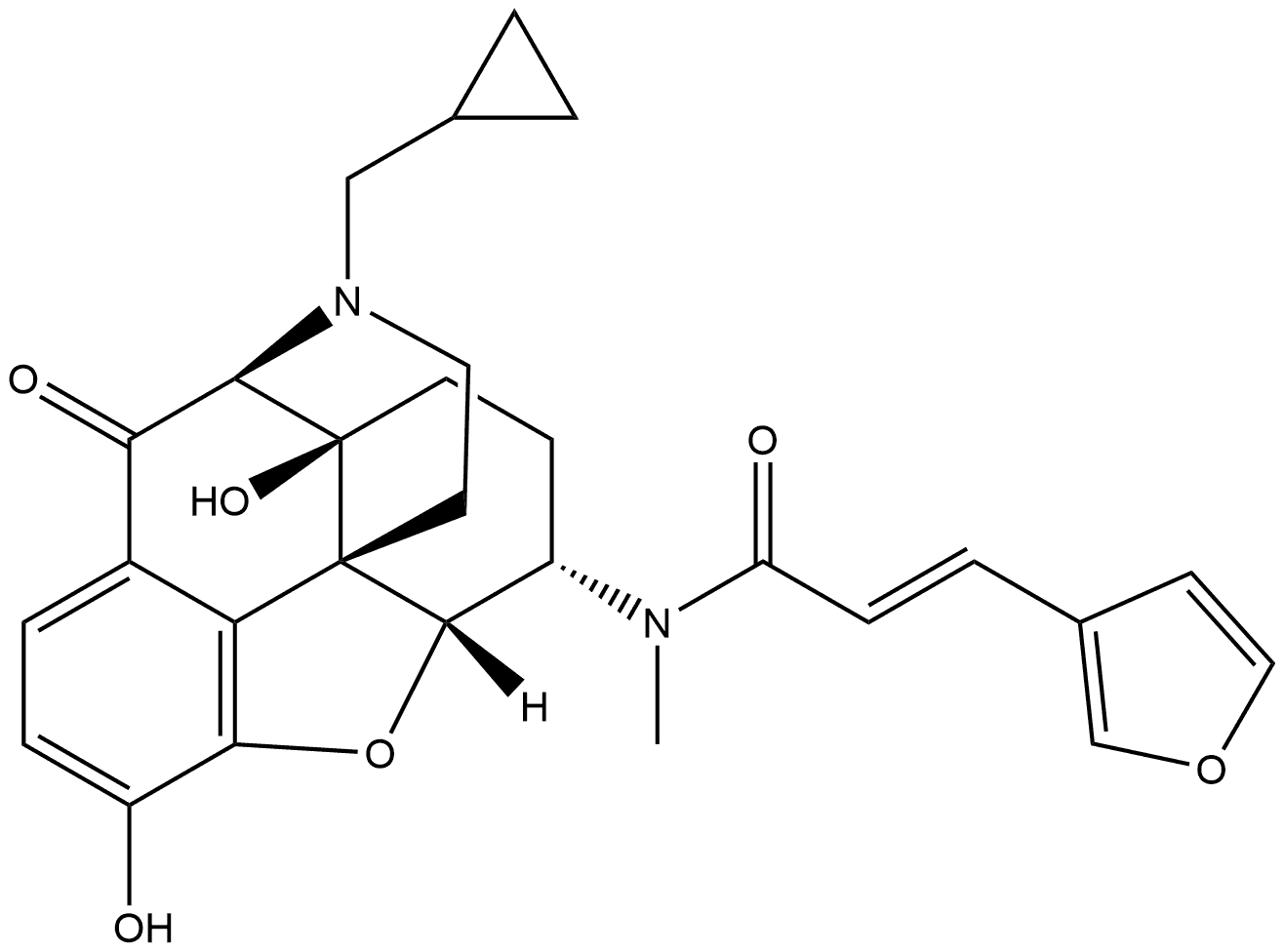 2-Propenamide, N-[(5α,6β)-17-(cyclopropylmethyl)-4,5-epoxy-3,14-dihydroxy-10-oxomorphinan-6-yl]-3-(3-furanyl)-N-methyl-, (2E)- 구조식 이미지