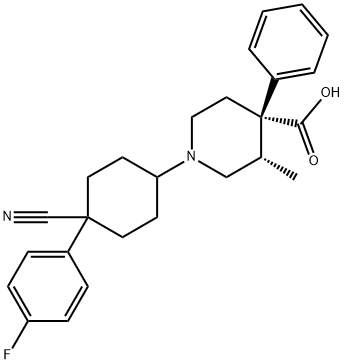4-Piperidinecarboxylic acid, 1-[cis-4-cyano-4-(4-fluorophenyl)cyclohexyl]-3-methyl-4-phenyl-, (3S,4S)- 구조식 이미지