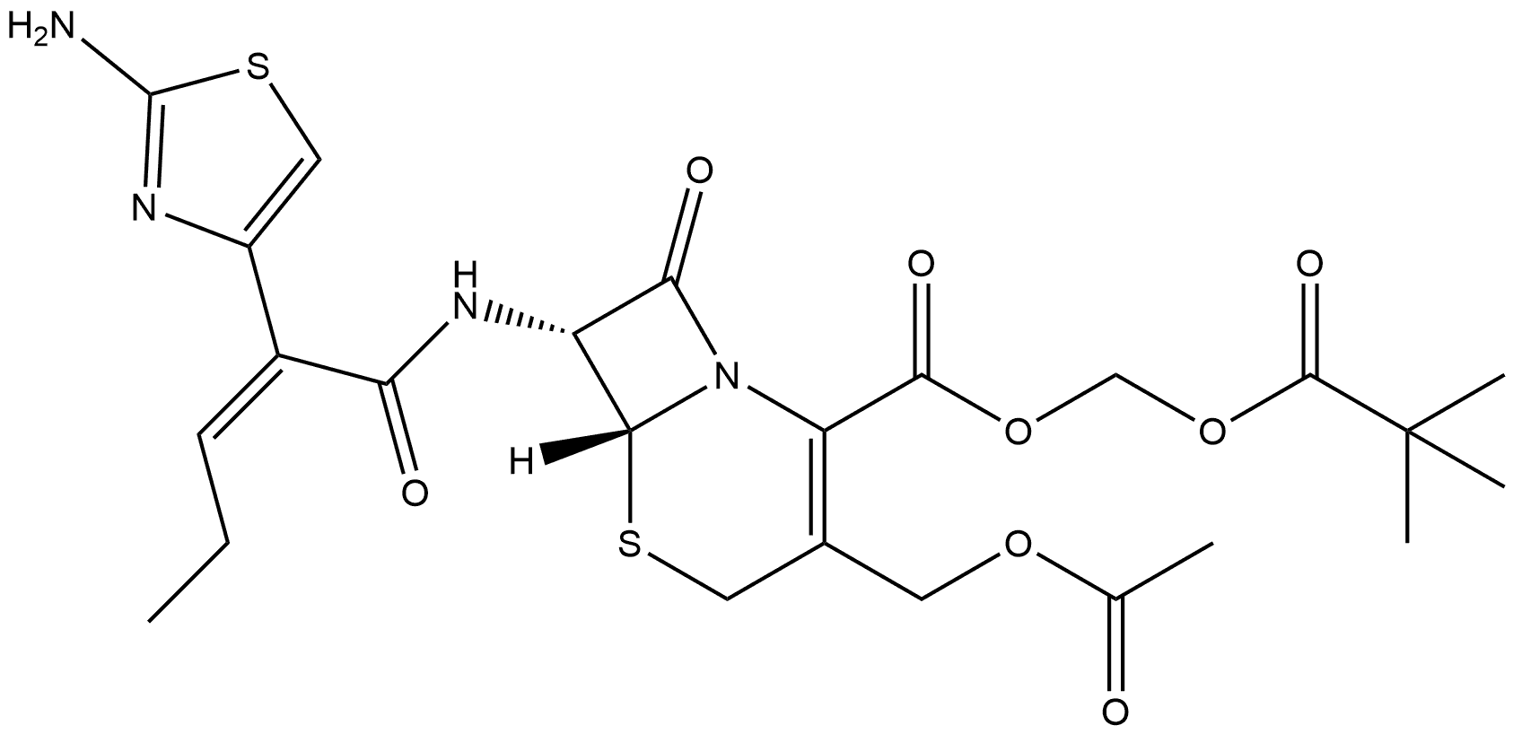 5-Thia-1-azabicyclo[4.2.0]oct-2-ene-2-carboxylic acid, 3-[(acetyloxy)methyl]-7-[[2-(2-amino-4-thiazolyl)-1-oxo-2-pentenyl]amino]-8-oxo-, (2,2-dimethyl-1-oxopropoxy)methyl ester, [6R-[6α,7β(Z)]]- (9CI) Structure