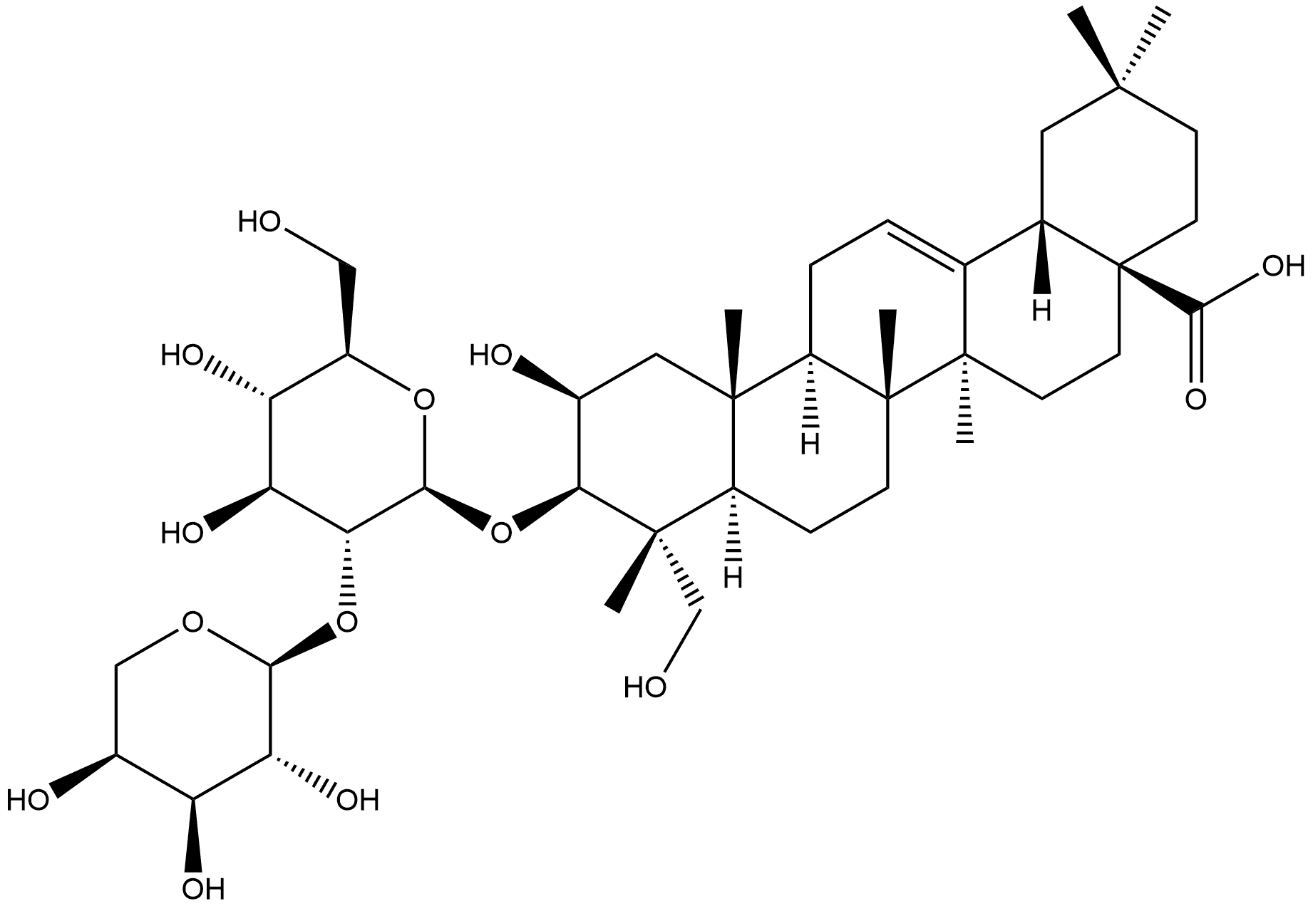 Olean-12-en-28-oic acid, 3-[(2-O-α-L-arabinopyranosyl-β-D-glucopyranosyl)oxy]-2,23-dihydroxy-, (2β,3β,4α)- 구조식 이미지