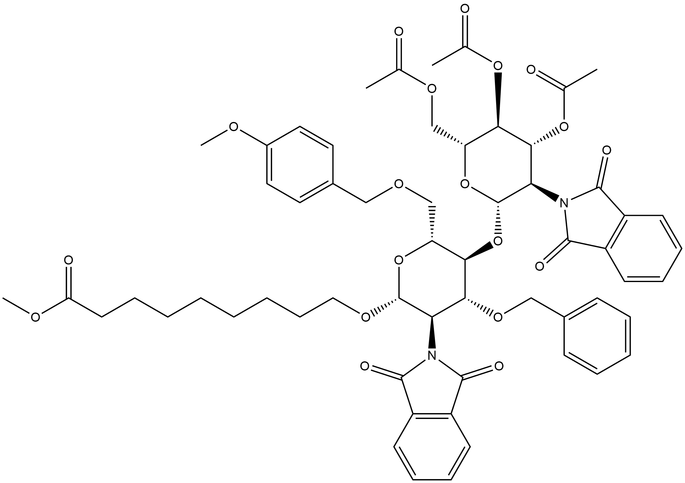 Nonanoic acid, 9-[[2-deoxy-2-(1,3-dihydro-1,3-dioxo-2H-isoindol-2-yl)-6-O-[(4-methoxyphenyl)methyl]-3-O-(phenylmethyl)-4-O-[3,4,6-tri-O-acetyl-2-deoxy-2-(1,3-dihydro-1,3-dioxo-2H-isoindol-2-yl)-β-D-glucopyranosyl]-β-D-glucopyranosyl]oxy]-, methyl ester 구조식 이미지