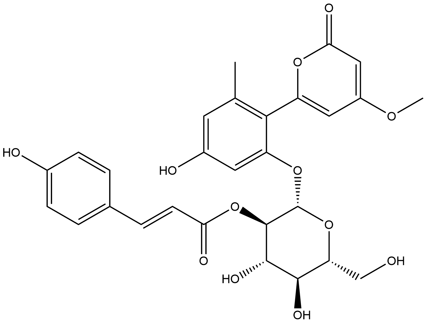 2H-Pyran-2-one, 6-[4-hydroxy-2-[[2-O-[(2E)-3-(4-hydroxyphenyl)-1-oxo-2-propen-1-yl]-β-D-glucopyranosyl]oxy]-6-methylphenyl]-4-methoxy- 구조식 이미지