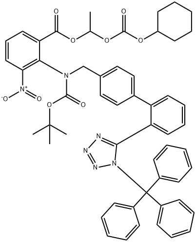 Benzoic acid, 2-[[(1,1-dimethylethoxy)carbonyl][[2'-[1-(triphenylmethyl)-1H-tetrazol-5-yl][1,1'-biphenyl]-4-yl]methyl]amino]-3-nitro-, 1-[[(cyclohexyloxy)carbonyl]oxy]ethyl ester Structure