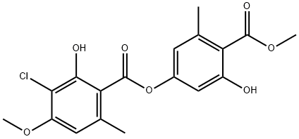 Benzoic acid, 3-chloro-2-hydroxy-4-methoxy-6-methyl-, 3-hydroxy-4-(methoxycarbonyl)-5-methylphenyl ester Structure