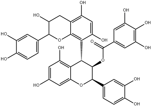 Benzoic acid, 3,4,5-trihydroxy-, (2R,2'R,3R,3'R,4R)-2,2'-bis(3,4-dihydroxyphenyl)-3,3',4,4'-tetrahydro-3',5,5',7,7'-pentahydroxy[4,8'-bi-2H-1-benzopyran]-3-yl ester 구조식 이미지