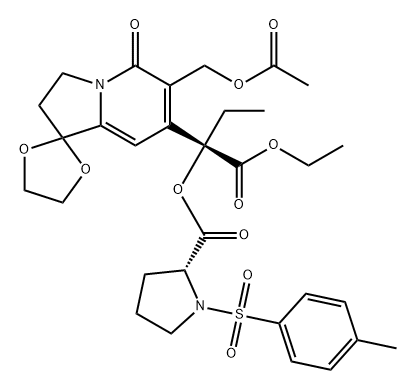 D-Proline, 1-[(4-methylphenyl)sulfonyl]-, 1-[6'-[(acetyloxy)methyl]-2',3'-dihydro-5'-oxospiro[1,3-dioxolane-2,1'(5'H)-indolizin]-7'-yl]-1-(ethoxycarbonyl)propyl ester, (S)- (9CI) Structure