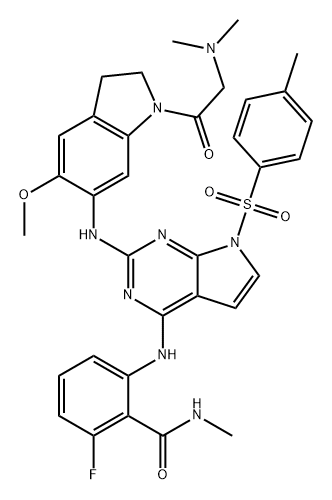 Benzamide, 2-[[2-[[1-[2-(dimethylamino)acetyl]-2,3-dihydro-5-methoxy-1H-indol-6-yl]amino]-7-[(4-methylphenyl)sulfonyl]-7H-pyrrolo[2,3-d]pyrimidin-4-yl]amino]-6-fluoro-N-methyl- Structure