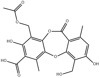 11H-Dibenzo[b,e][1,4]dioxepin-7-carboxylic acid, 9-[(acetyloxy)methyl]-3,8-dihydroxy-4-(hydroxymethyl)-1,6-dimethyl-11-oxo- Structure