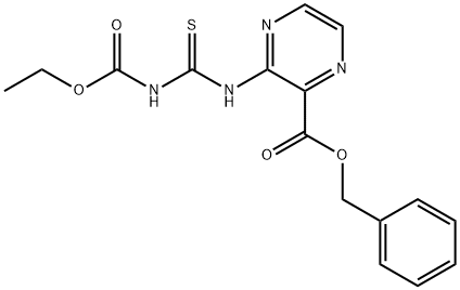 2-Pyrazinecarboxylic acid, 3-[[[(ethoxycarbonyl)amino]thioxomethyl]amino]-, phenylmethyl ester Structure