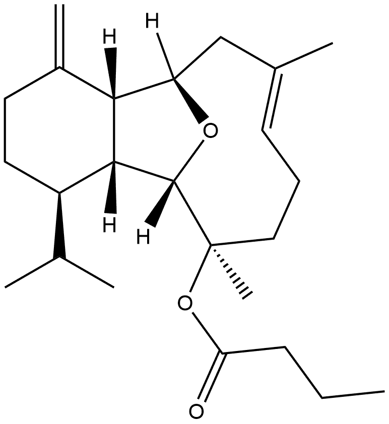 Butanoic acid, (4R,4aR,5S,6R,9E,12S,12aR)-1,2,3,4,4a,5,6,7,8,11,12,12a-dodecahydro-6,10-dimethyl-1-methylene-4-(1-methylethyl)-5,12-epoxybenzocyclodecen-6-yl ester, rel-(-)- (9CI) Structure