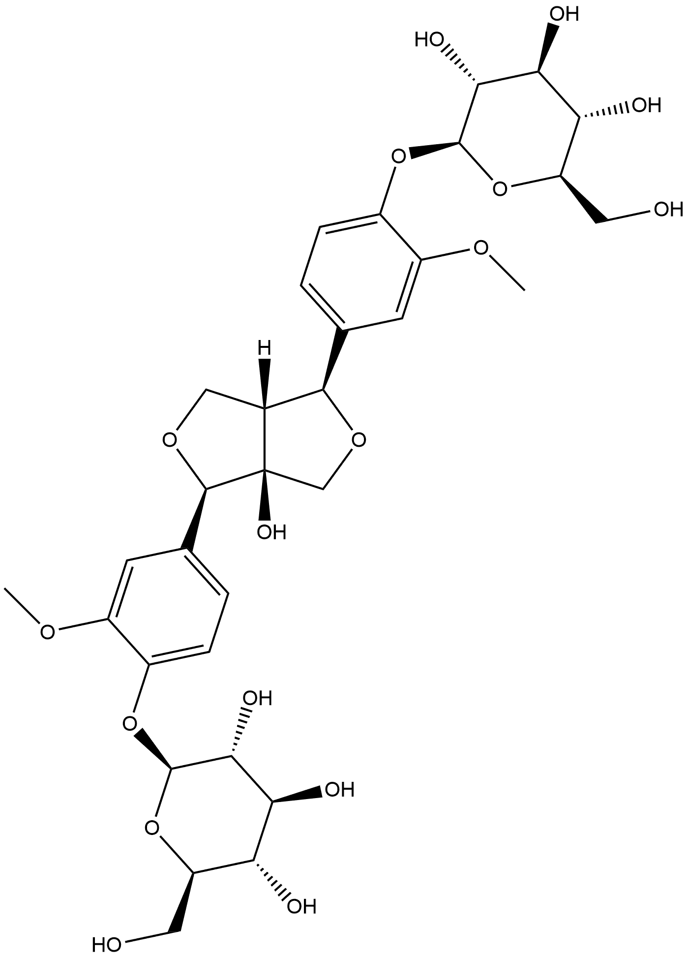 β-D-Glucopyranoside, [[(3R,3aS,6S,6aR)-tetrahydro-3a-hydroxy-1H,3H-furo[3,4-c]furan-3,6-diyl]bis(2-methoxy-4,1-phenylene)]bis Structure